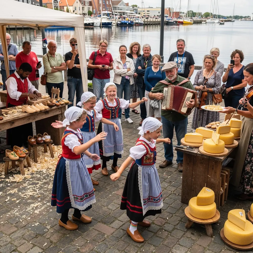 Traditionele Volendamse klederdracht met kleurrijke details en een achtergrond van het haventje.
