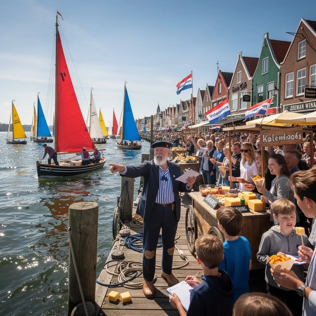 Een groep vissers die hun netten uitwerpen in de rustige wateren van de haven van Volendam.