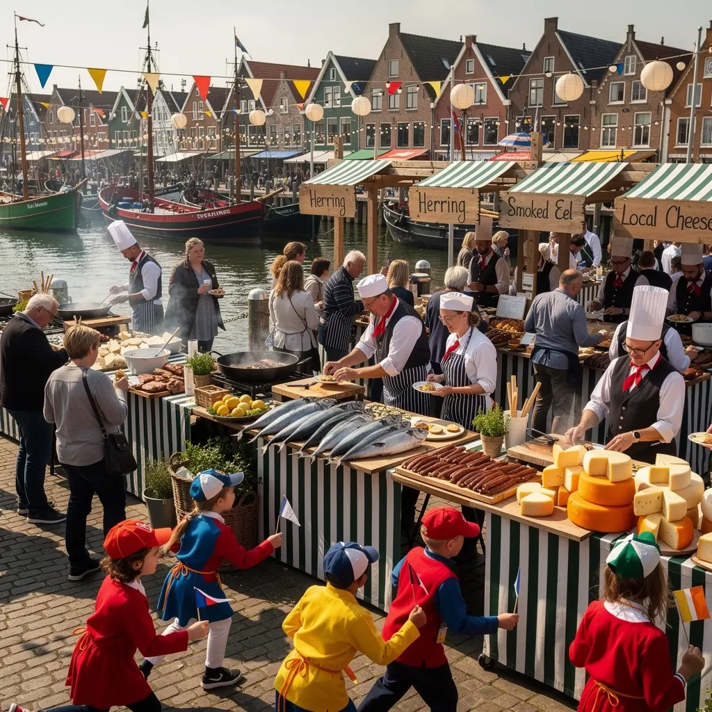 Een kaasverkoper in traditionele kleding die zijn producten aanbiedt op de markt aan de haven.