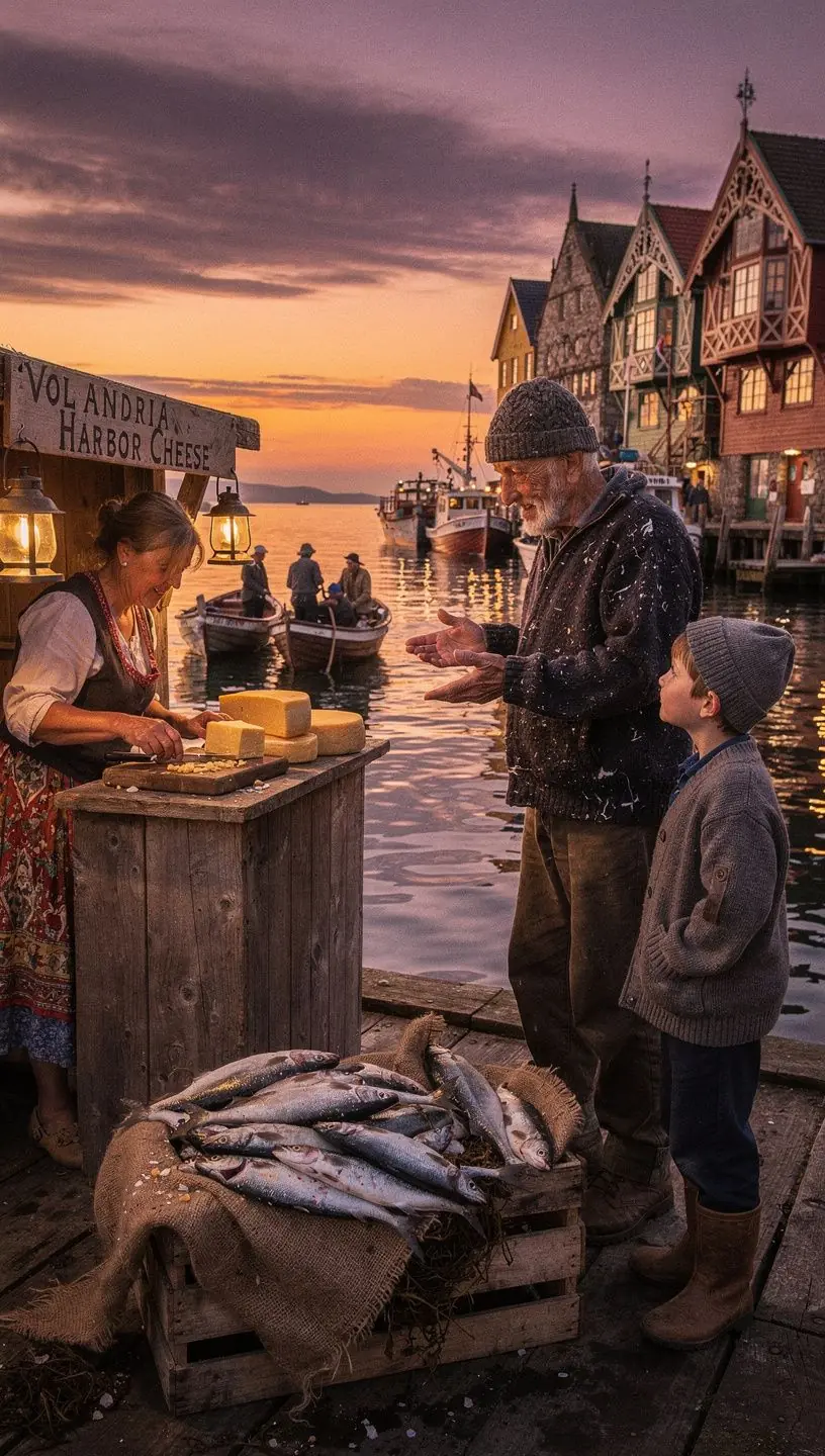 Een panoramisch uitzicht op de haven van Volendam met typisch Nederlandse huizen en kaaswinkels.
